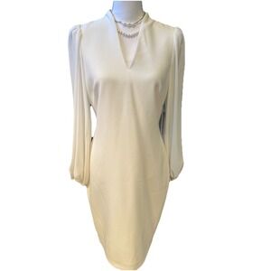 Vince Camuto Sheath Dress Women Size 8 V-Neck Sheer Puff Sleeve Off-White NWT